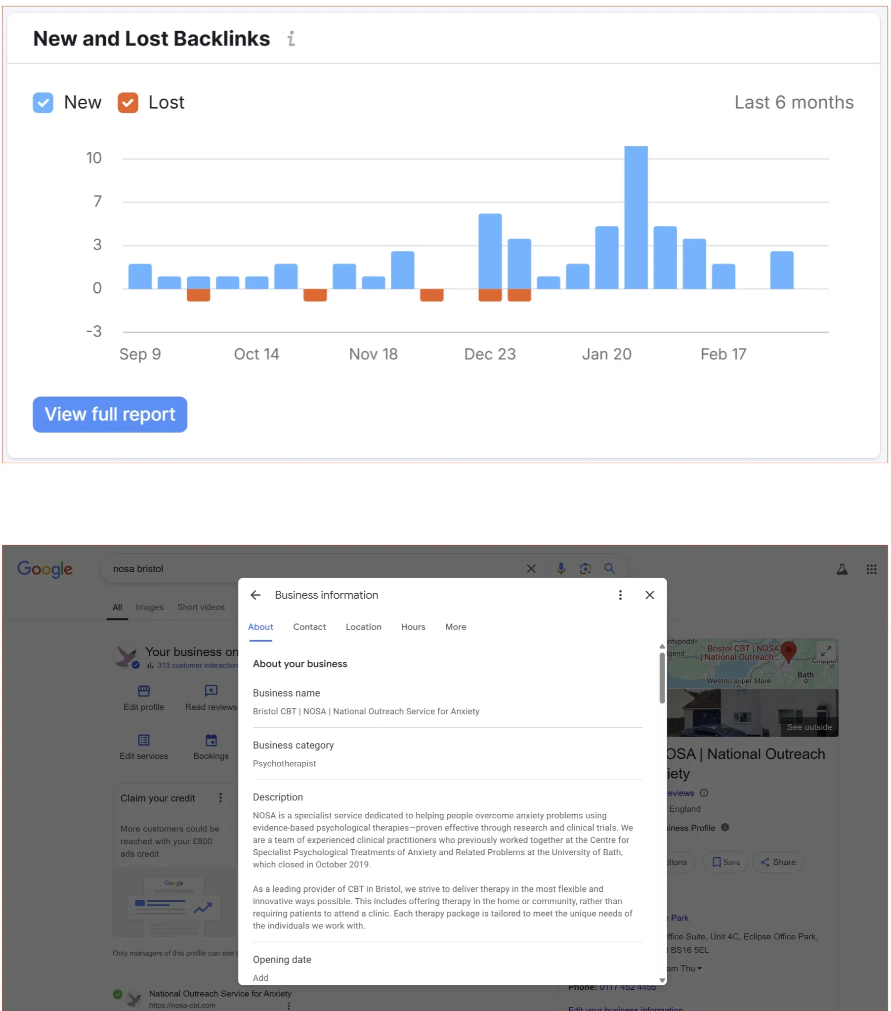 backlinks report and google business profile for NOSA website