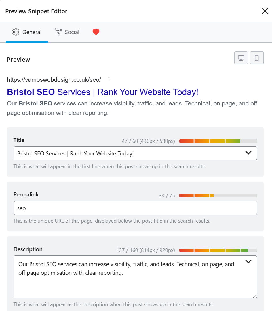 WordPress and Rank Math SEO plugin used for creating meta titles and descriptions