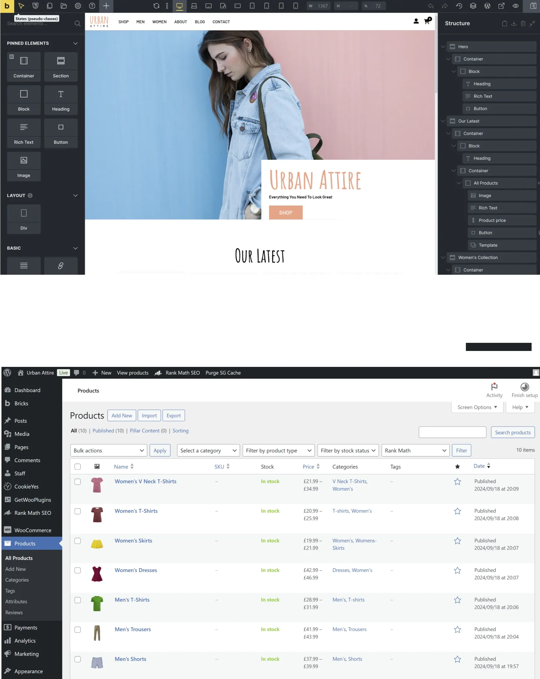 Urban Attire website development using bricks builder and woocommerce